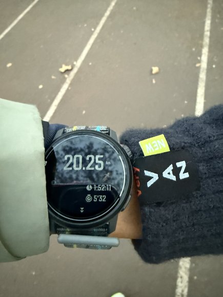 Running watch showing a 20.25 km run